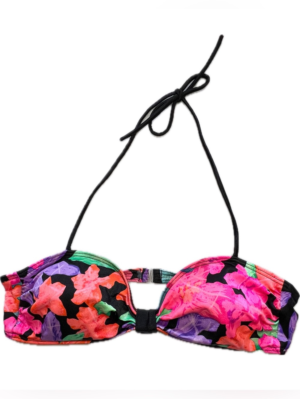 Vintage 80s Maillot Ballex Body ID Bikini Top Black Pink Purple Orange Floral